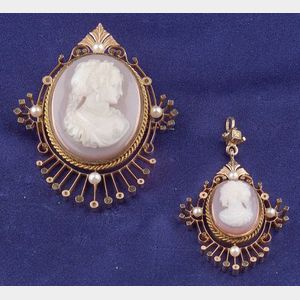 Two Antique 14kt Gold, Seed Pearl, and Hardstone Cameo Items