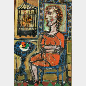 Jonah Kinigstein (American, b. 1923) Woman with Birdcage and Fruit