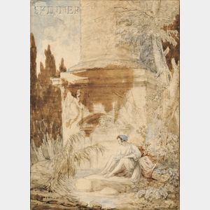 Attributed to Hubert Robert (French, 1733-1808) Seated Bather Beside a Classical Column