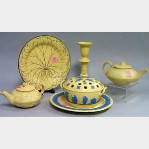 Wedgwood Caneware Potpourri, a Dish, Two Teapots, Candlestick, and a Plate.
