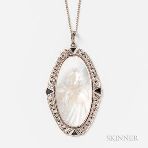 Art Deco 14kt White Gold, Diamond, Sapphire, and Mother-of-pearl Pendant...