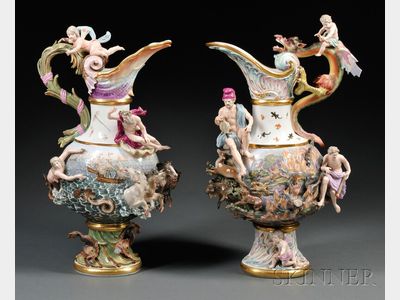 Sold for: $44,438 - Two Meissen Porcelain Ewers Emblematic of Fire and Water