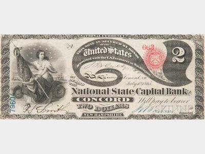 Sold for: $19,680 - The National State Capitol Bank of Concord $2 Original Banknote, PMG Very Fine 30 EPQ