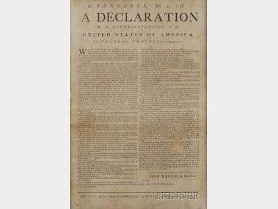 Sold for: $693,500 - Rare and Historically Important Contemporary Broadside Printing of the Declaration of Independence