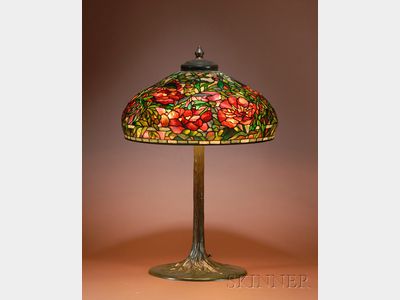 Sold for: $435,000 - Tiffany Studios Leaded Glass and Bronze "Elaborate Peony" Lamp Shade and Base