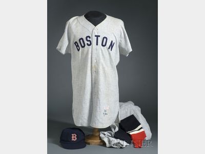 Sold for: $35,250 - 1955 Ted Williams/Boston Red Sox Wool #9 Game Worn Jersey, 1956 Johnny Schmitz/Boston Red Sox Game Worn Pants, with a Cap and Leggings