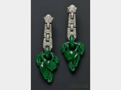 Sold for: $118,500 - Art Deco Platinum, Jadeite, and Diamond Earpendants, Cartier