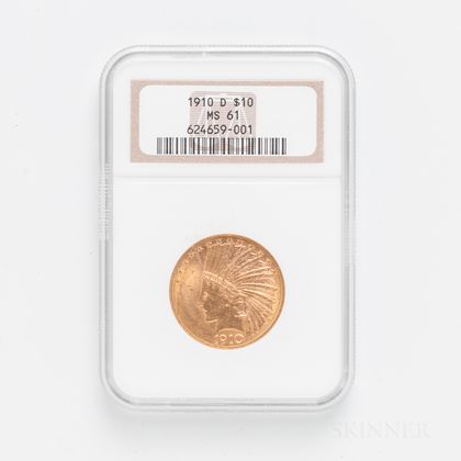 1910-D $10 Indian Head Gold Coin, NGC MS61. Estimate $600-800