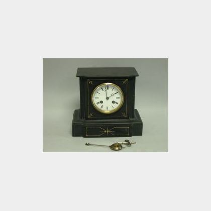 French Gilt Decorated Black Marble Mantel Clock. 