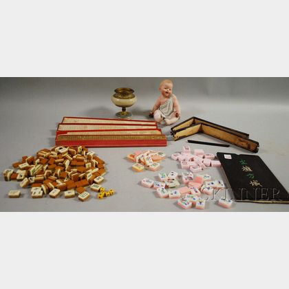 European Enameled Gilt-metal Mounted Onyx Jar, a German Bisque Piano Baby, and an Asian Ivory and Bamboo Mah-jongg Set