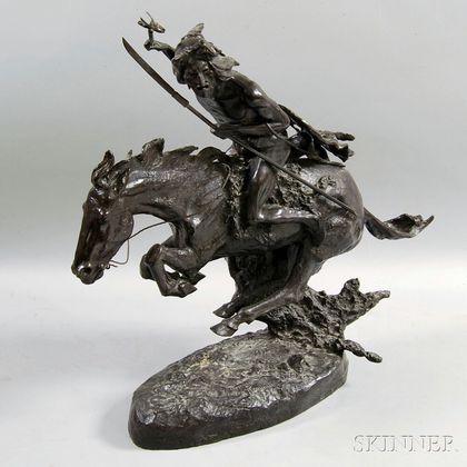 After Frederic Remington, Bronze Galloping Horse and Native American Sculpture