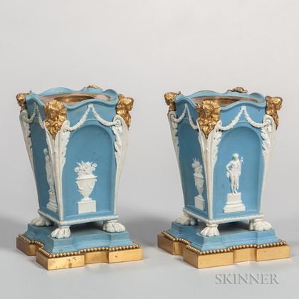 Pair of Wedgwood Solid Pale Blue Jasper Footed Vases