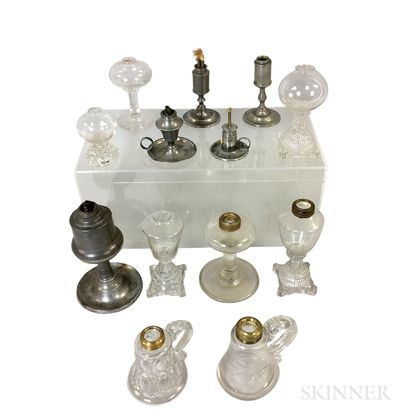Eight Colorless Glass Fluid Lamps and Five Pewter Lamps