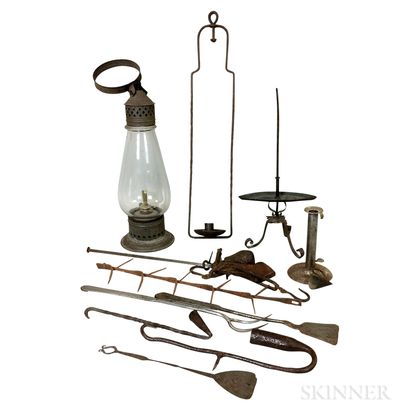Group of Wrought Iron, Tin, and Glass Hearth and Lighting Items. Estimate $300-500
