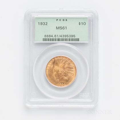 1932 $10 Indian Head Gold Coin, PCGS MS61. Estimate $600-800