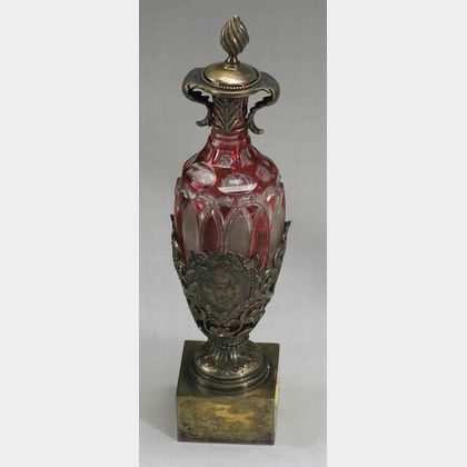 English Silver Gilt Mounted Cranberry Flashed and Etched Glass Perfume Flagon