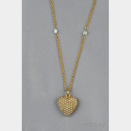 Art Nouveau 14kt Gold Pave-set Seed Pearl Heart Pendant Locket