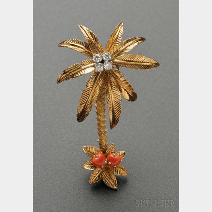 18kt Gold, Coral, and Diamond Palm Tree Brooch, Cartier