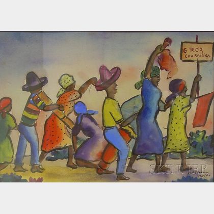 Framed Haitian School Ink and Watercolor on Paper/board Scene with Figures Marching