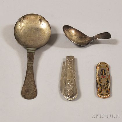 Two Early Silver Spoons and Two Pocketknives