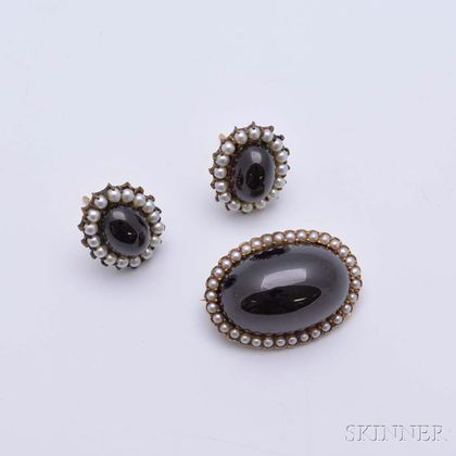 Garnet and Seed Pearl Brooch and Earring Suite