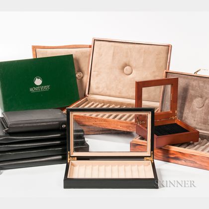 Five Wooden Pen Storage Boxes and Assorted Leather-bound Cases