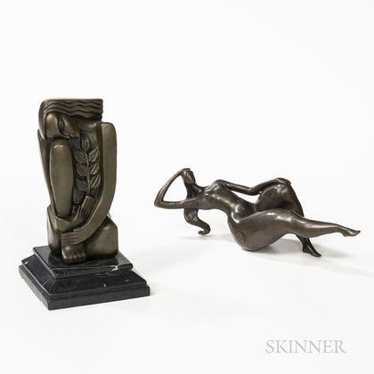 Two Abstract Seated Female Bronze Sculptures