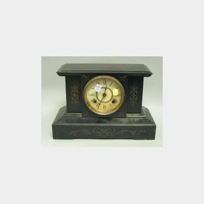 New Haven Victorian Gilt Decorated Black Painted Cast Iron Mantel Clock. 