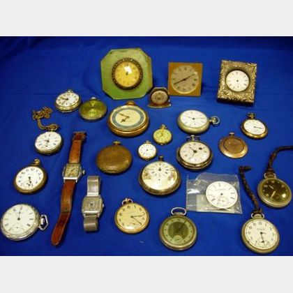 Group of Travel Clocks, Pocket Watches, and Wristwatches