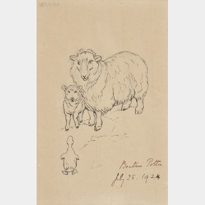 Beatrix Potter (British, 1866-1943) A Ewe and Lamb Meet a Duckling