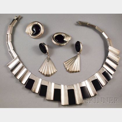 Small Group of Mexican Sterling Silver and Onyx Jewelry