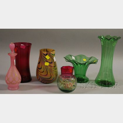 Five Assorted Colored Art Glass Vases and a Scent Bottle. 