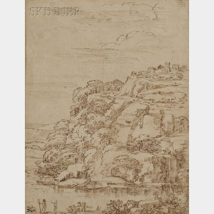 Attributed to Domenico Zampieri, called Il Domenichino (Italian, 1581-1641) Landscape with Foreground River and Hilltop Castle