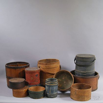 Ten Wooden Pantry Boxes and Measures, and a Covered Firkin. Estimate $300-500
