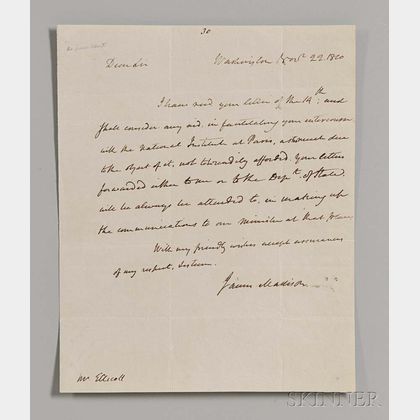 Madison, James (1751-1863) Autograph Letter Signed, 22 November 1810.