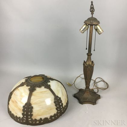 Bronzed Metal and Slag Glass Overlay Table Lamp