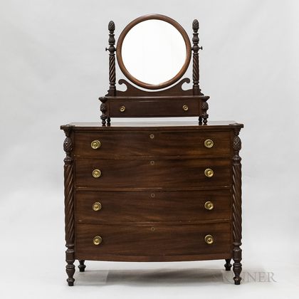 Late Federal-style Carved Mahogany Bow-front Chest of Drawers and Shaving Mirror