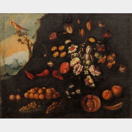 Dutch School, 17th Century Style Grotto with an Ornate Still Life of Flowers and Fruit