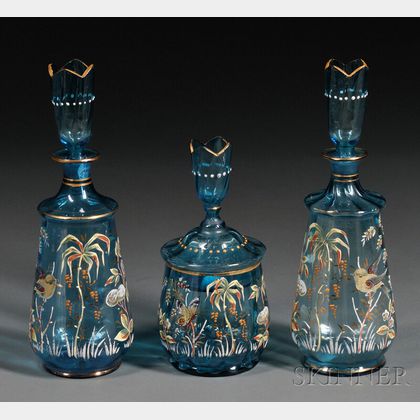 Set of Three Bohemian Enameled Blue Glass Jars