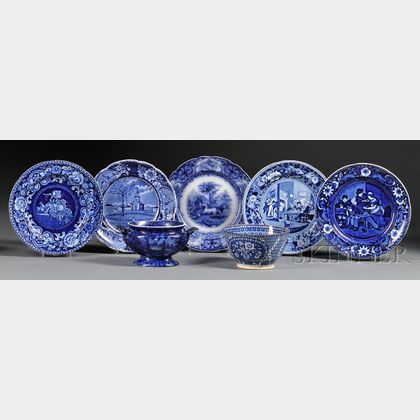 Seven Blue Transfer-decorated Table Items