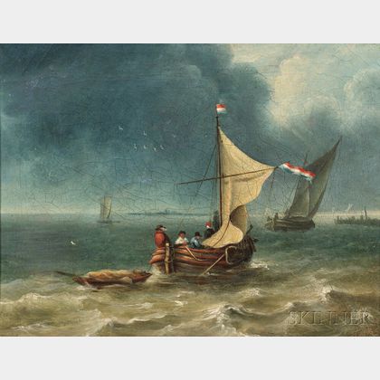 Dutch School, 19th Century Coastal Scene with Fishing Boats under a Threatening Sky.