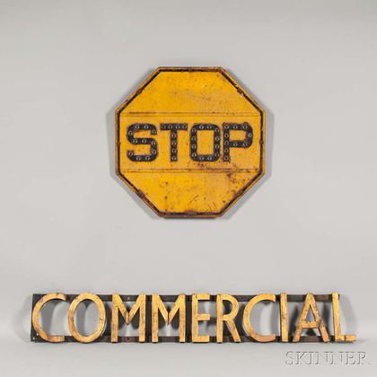 Painted Steel and Glass Stop Sign and a Giltwood "COMMERCIAL" Sign