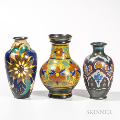 Three Gouda Pottery Floral-decorated Vases