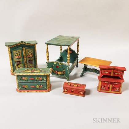 Six Pieces of Paint-decorated Wood Dollhouse Furniture. Estimate $20-200