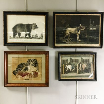 Three Framed Animal Engravings and a Needlepoint Picture of a Spaniel. Estimate $200-300