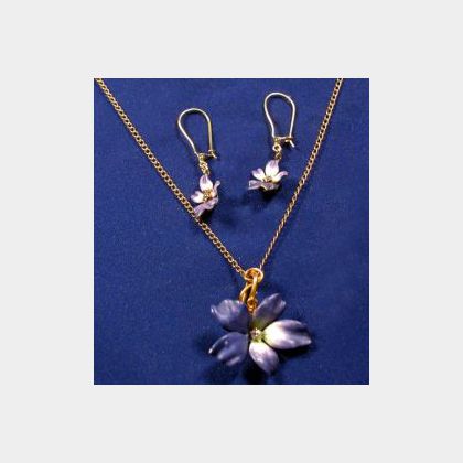 14kt Gold, Enamel, and Diamond Pendant Necklace and Earrings