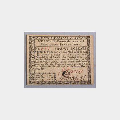 Massachusetts Twenty Dollar Note, 1780. 