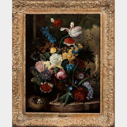 Attributed to Franz Xaver Pieler (Austrian, 1879-1952) Still Life with Flowers, Bird's Nest, and Lizard