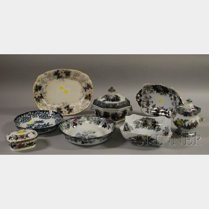 Eight Pieces of Assorted English Flow Mulberry Transfer Decorated Staffordshire Tableware