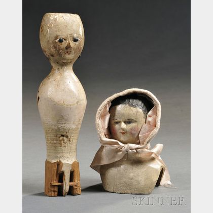 Painted Bedpost Doll Form and Carved Wood Doll Bust